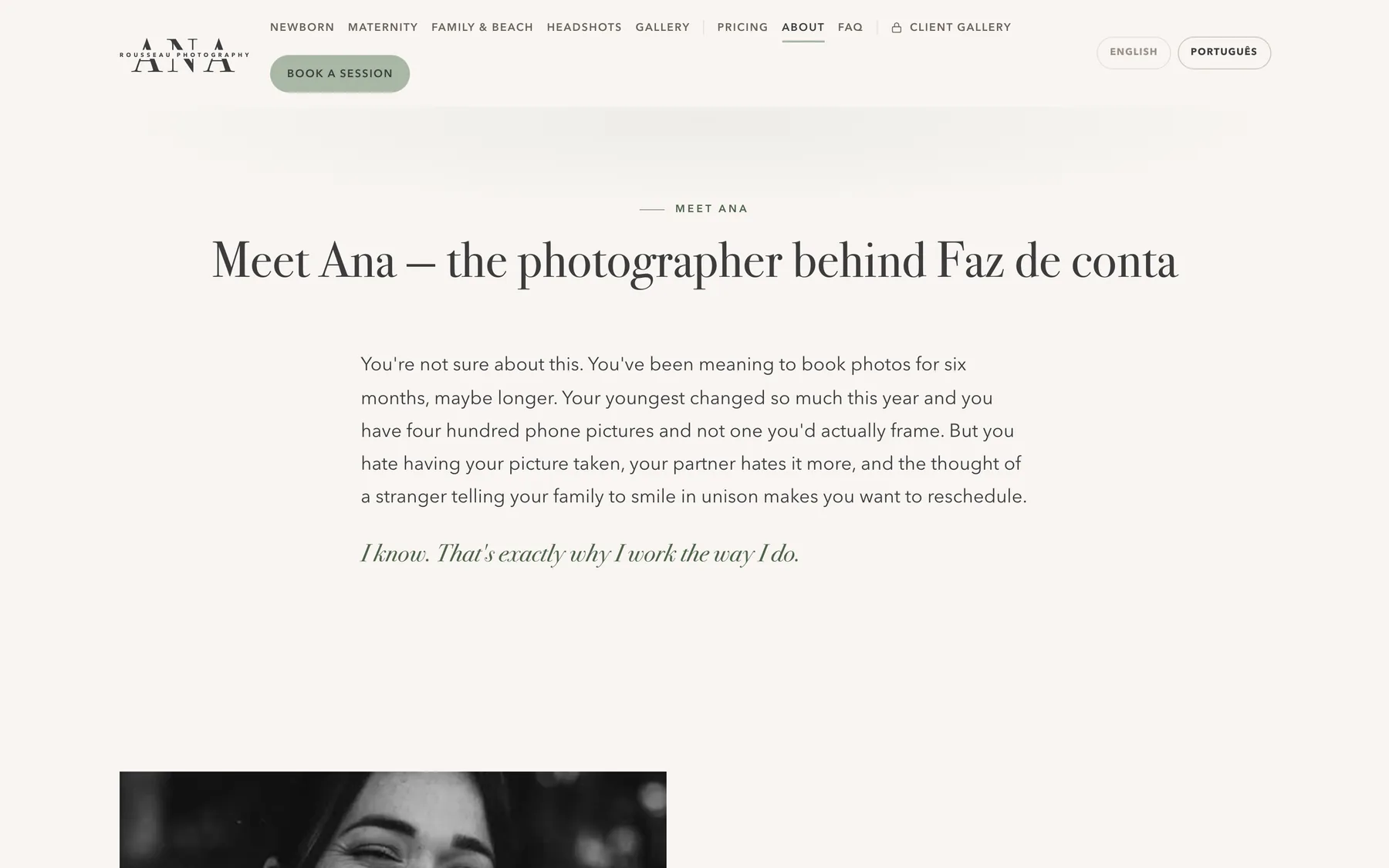 The Ana Rousseau Photography about page, headed “Meet Ana — the photographer behind Faz de conta”, with a short letter to camera-shy families and the top of a black-and-white portrait.