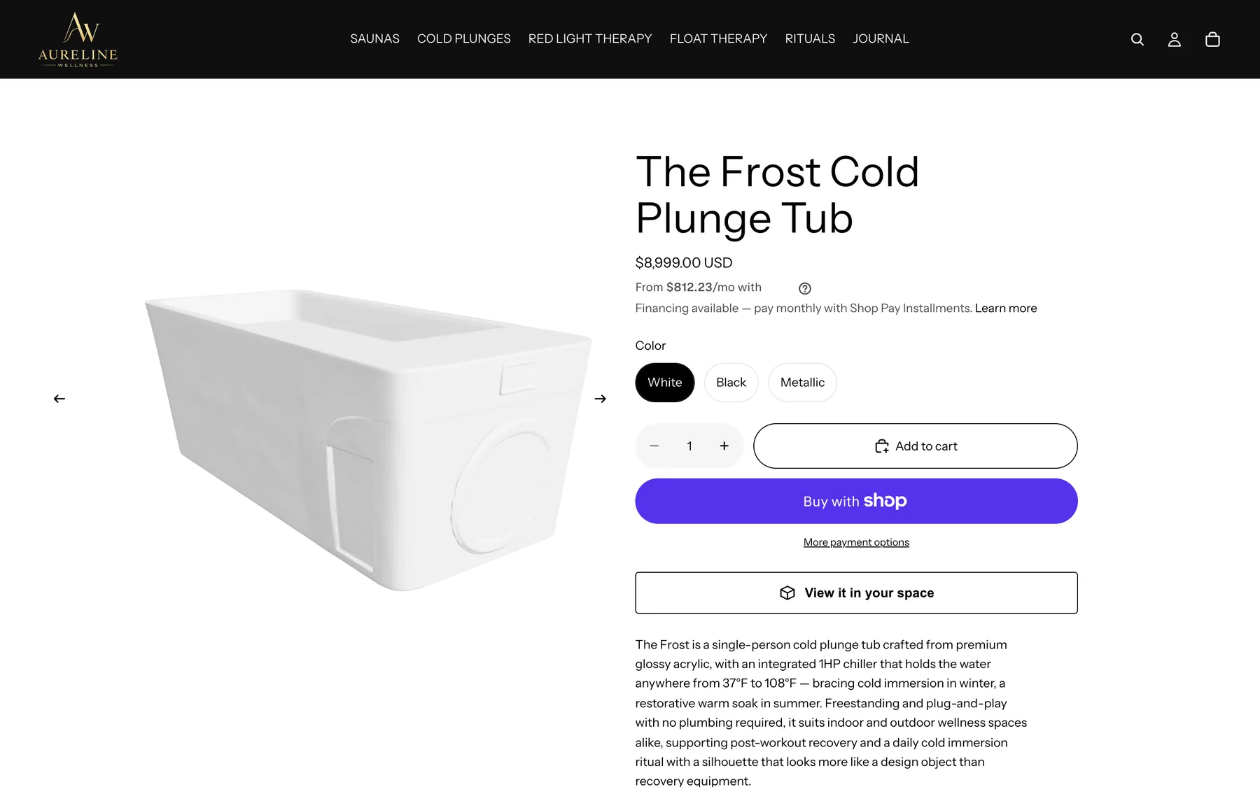 A cold plunge product page with its 3D model and “View it in your space”