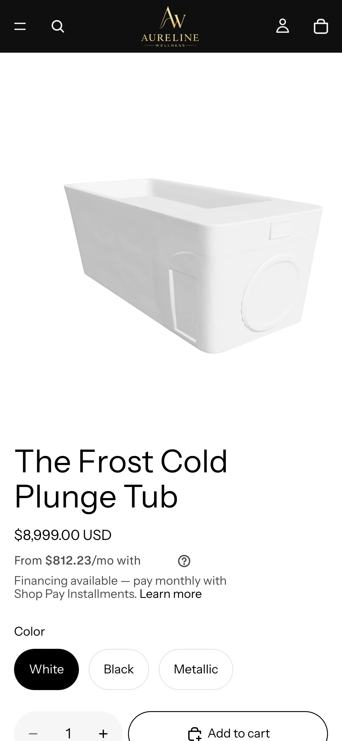 The cold plunge product page on mobile, with its 3D model