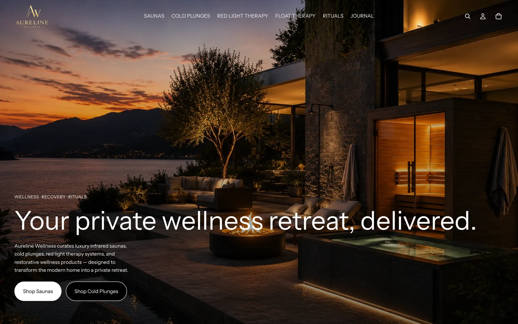 The Aureline Wellness home page — “Your private wellness retreat, delivered” over a dusk waterside terrace with a glowing sauna and fire pit, and Shop Saunas and Shop Cold Plunges buttons.