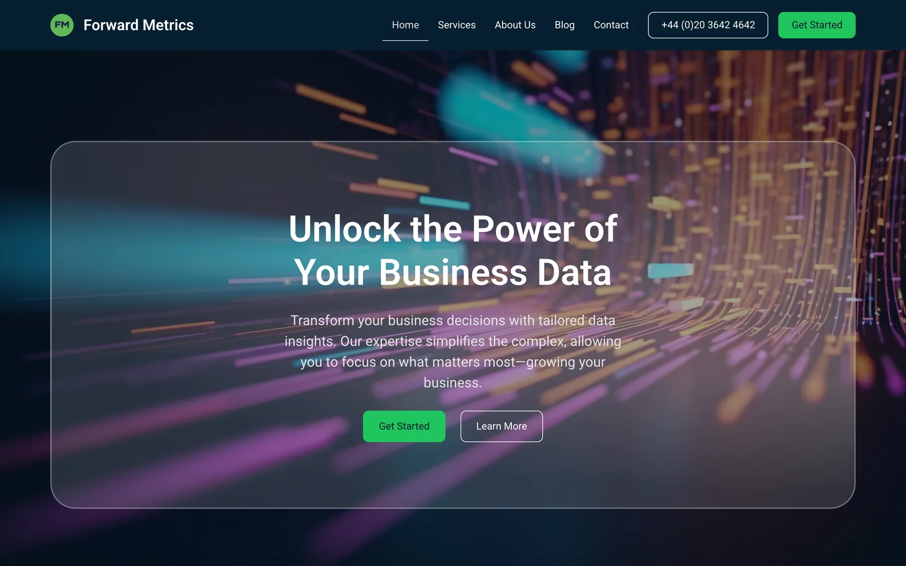The original Forward Metrics site: a stock circuit-board hero and generic "Unlock the Power of Your Business Data" copy