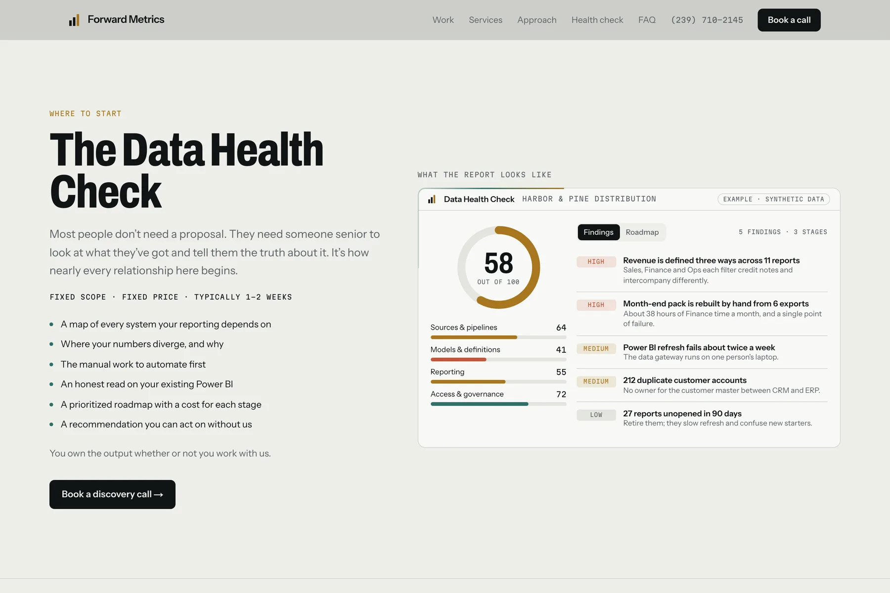 The Data Health Check offer beside a sample report with a score out of 100 and prioritised findings