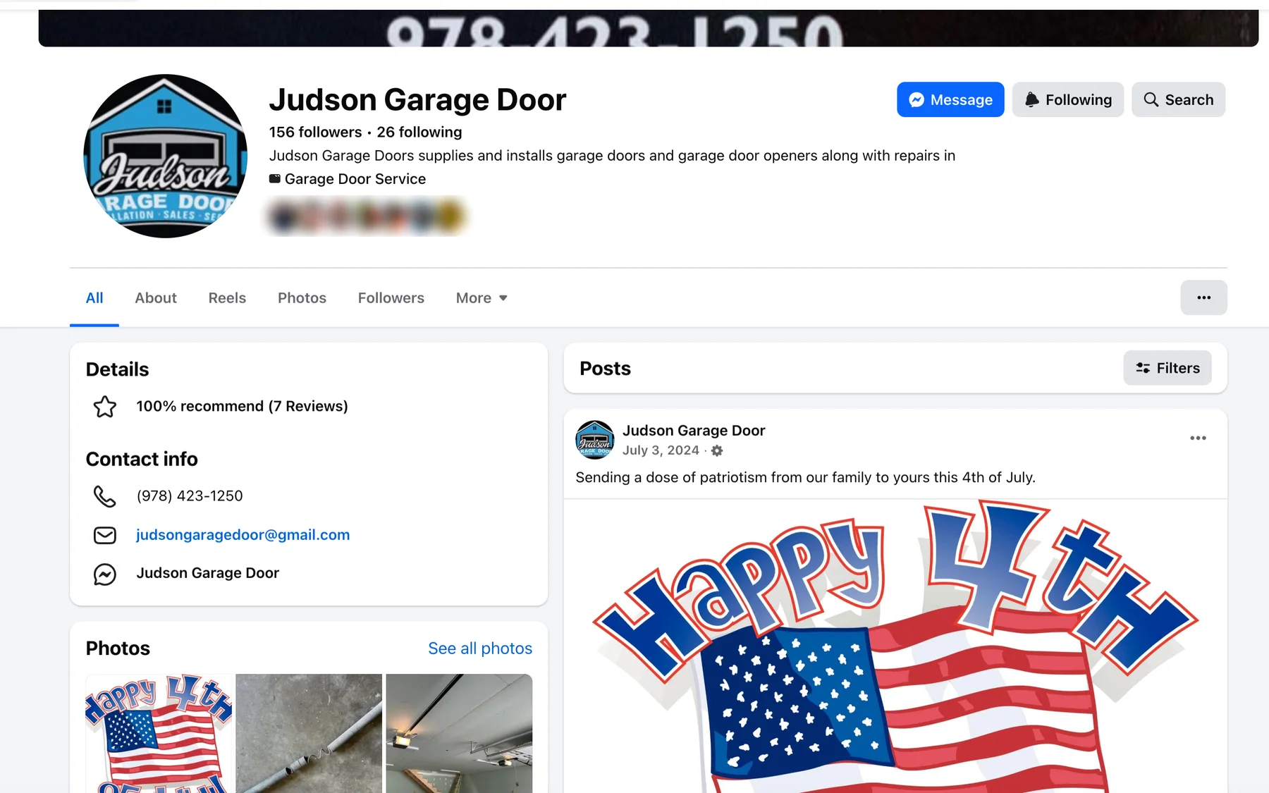The Judson Garage Door Facebook page — 156 followers, “100% recommend (7 Reviews)”, a phone number and a Gmail address under Contact info, and a most-recent post dated July 3, 2024. No website is listed.