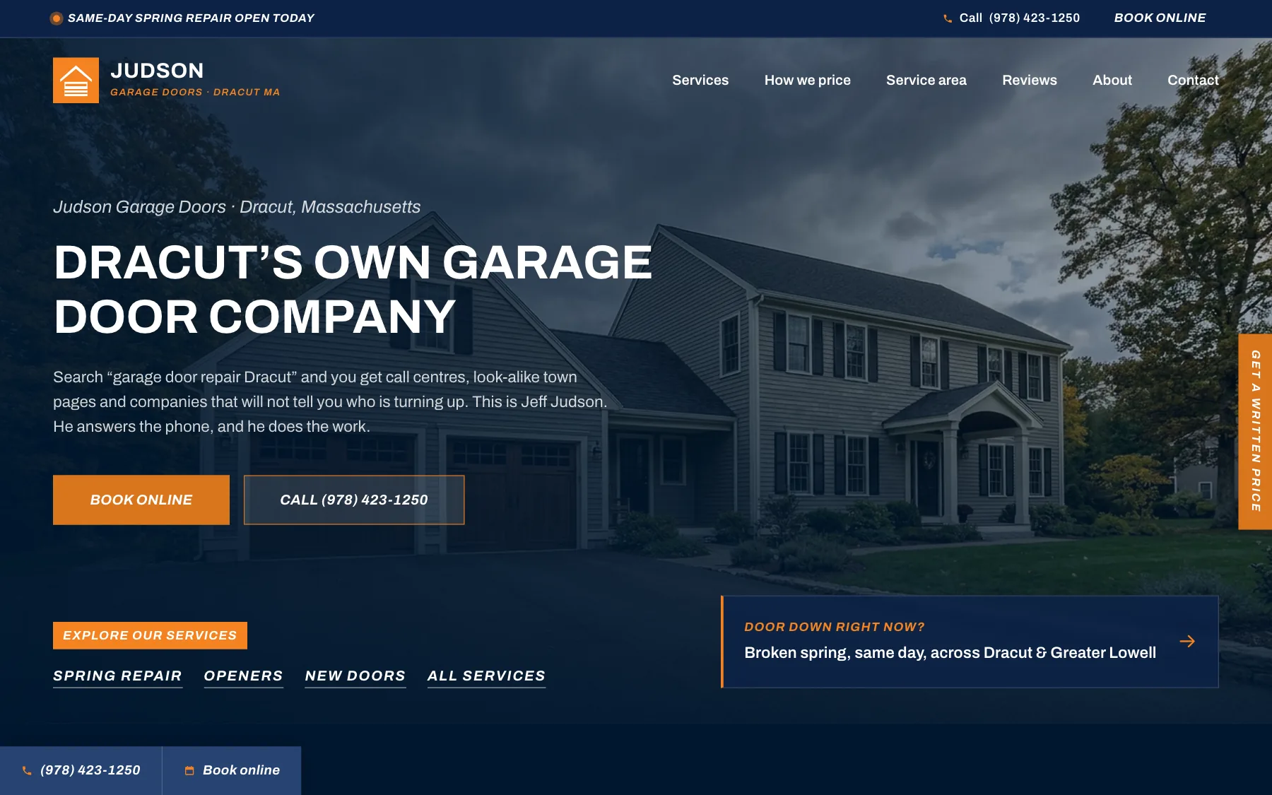 The Judson Garage Doors home page — “Dracut’s own garage door company” set over a photograph of a New England colonial at dusk, with Book online and Call buttons and a strip of service links along the foot.