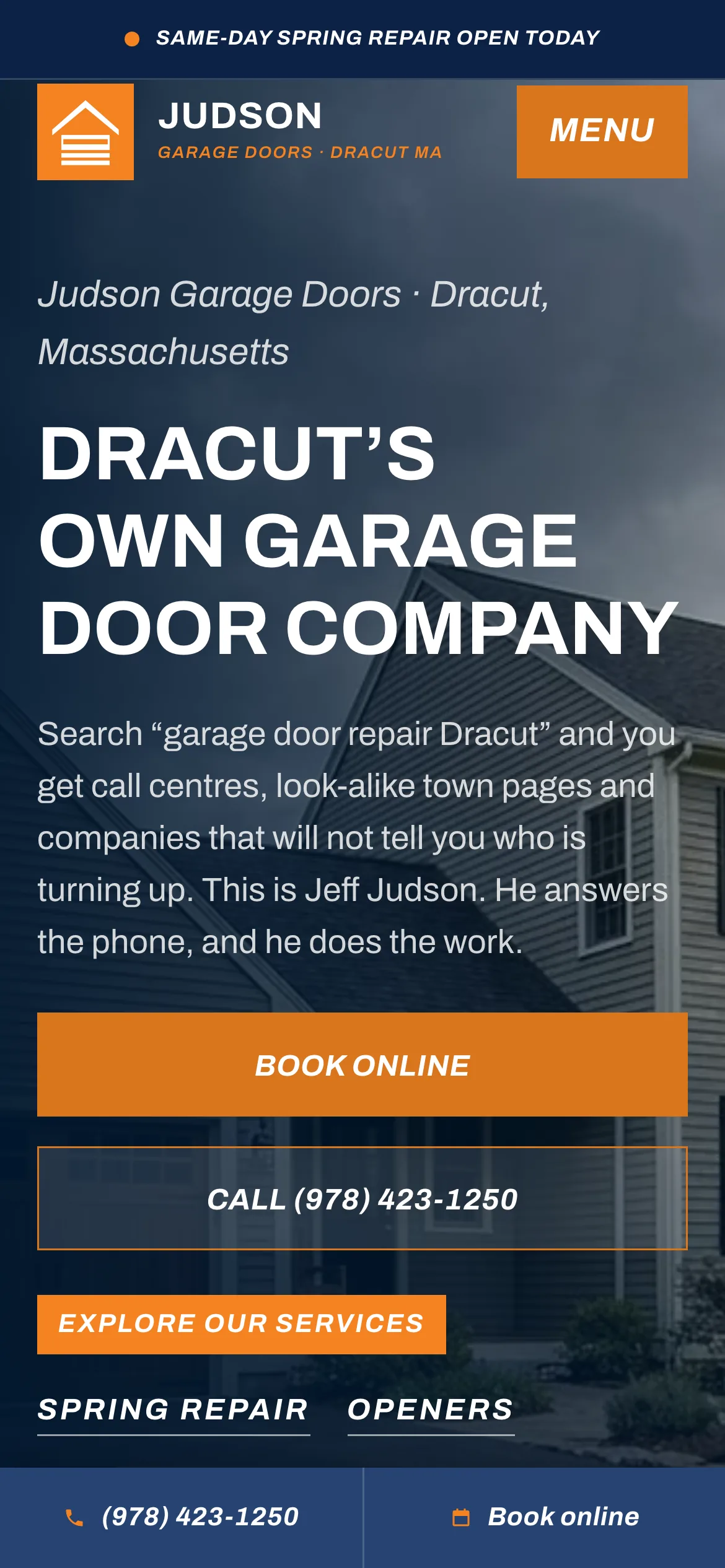 The home page on a phone — the headline over the same photograph, with Book online and Call buttons, and a call bar pinned across the foot within thumb reach.