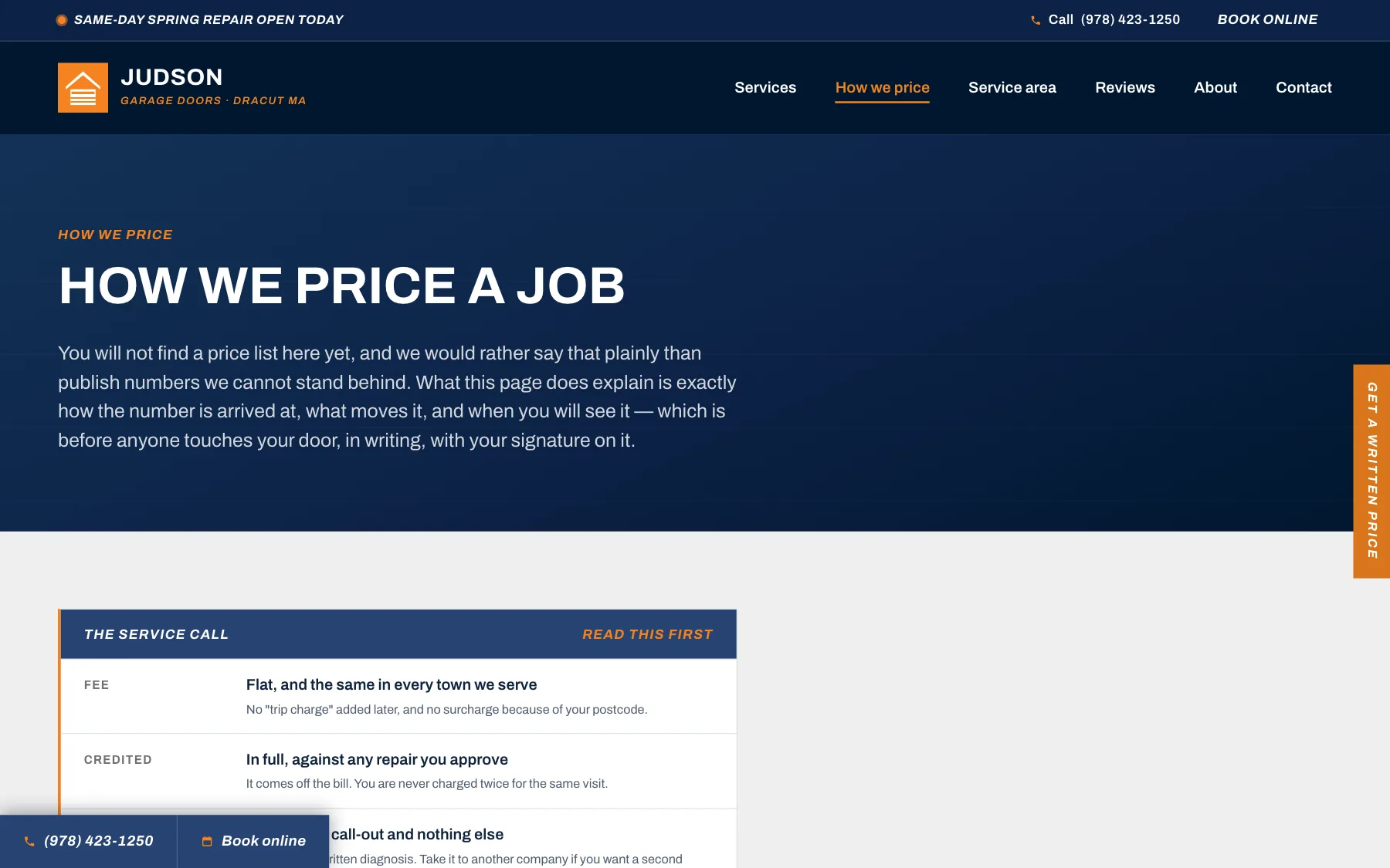 The How we price page — the jobs people call about with what is included and what moves the number, followed by a section headed “Why we won’t give you a firm price on the phone.”