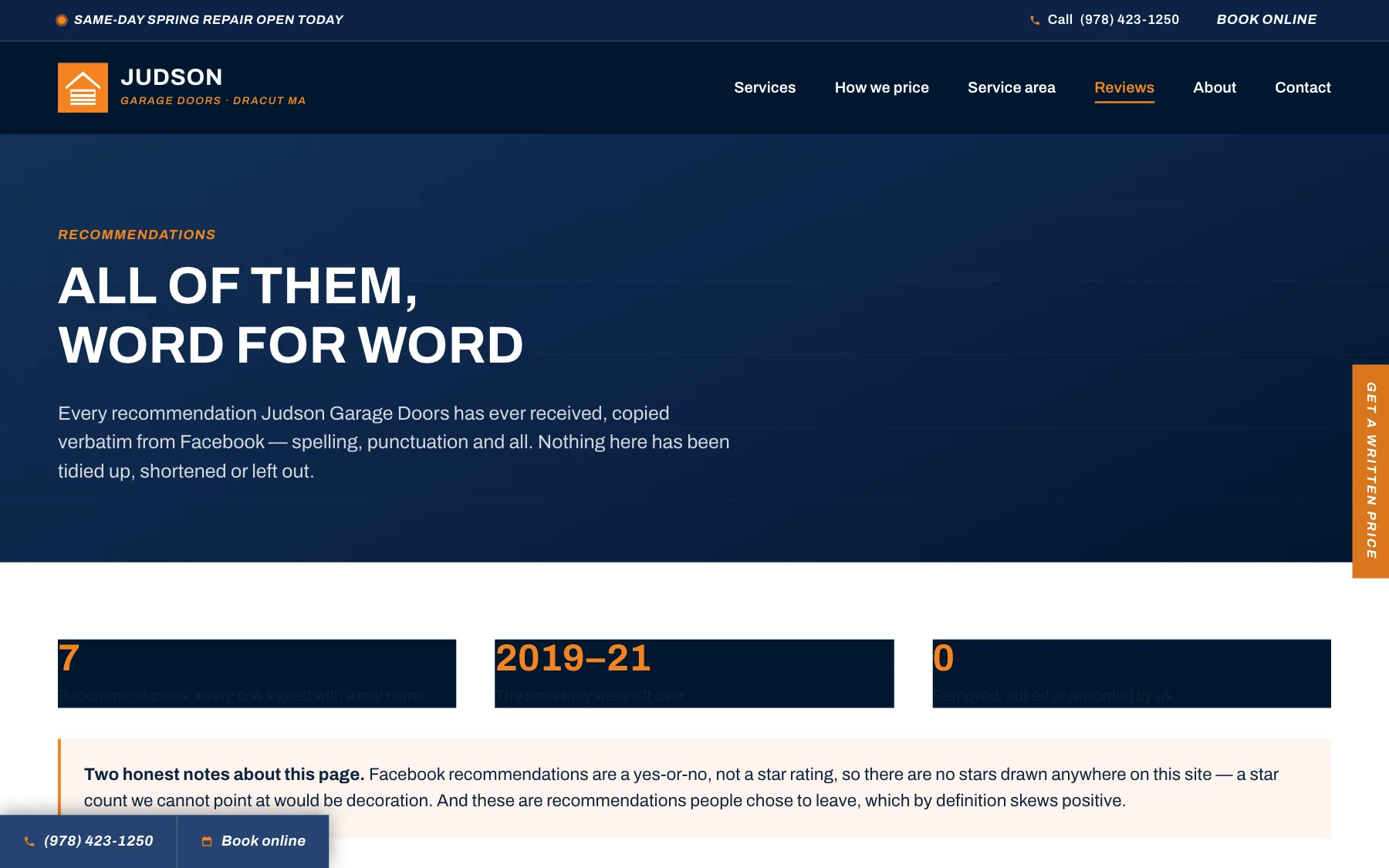 The reviews page, showing the seven Facebook recommendations published in full with the customers’ names.