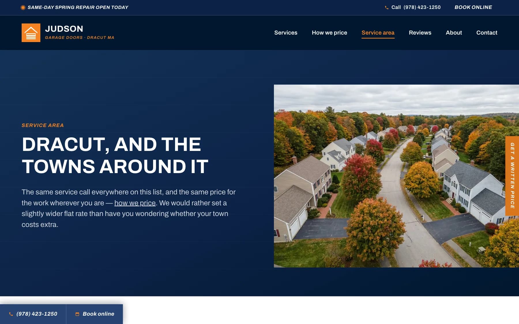 The service area page, listing the towns around Dracut that Judson covers.