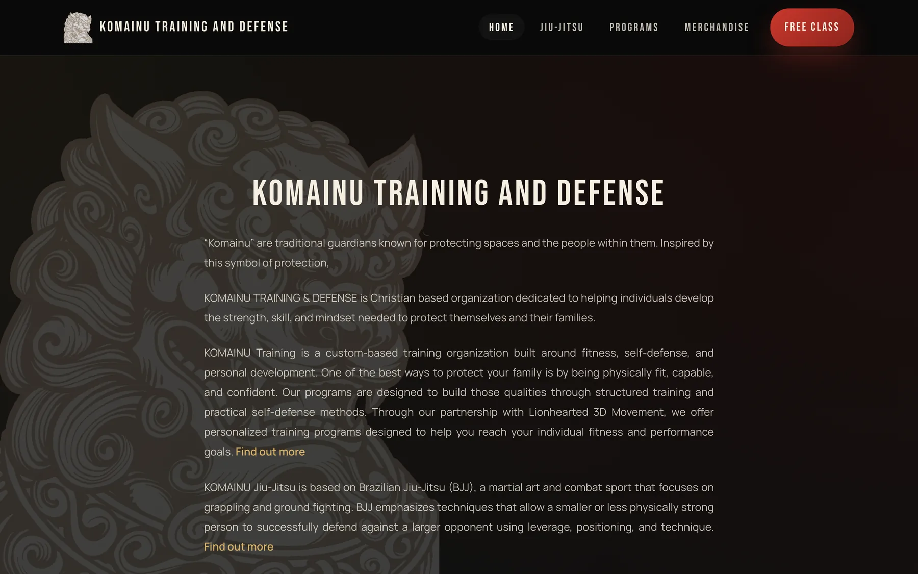 The dojo’s previous page — its own name as the headline, followed by five paragraphs explaining what Komainu means, and no photograph of anyone training.