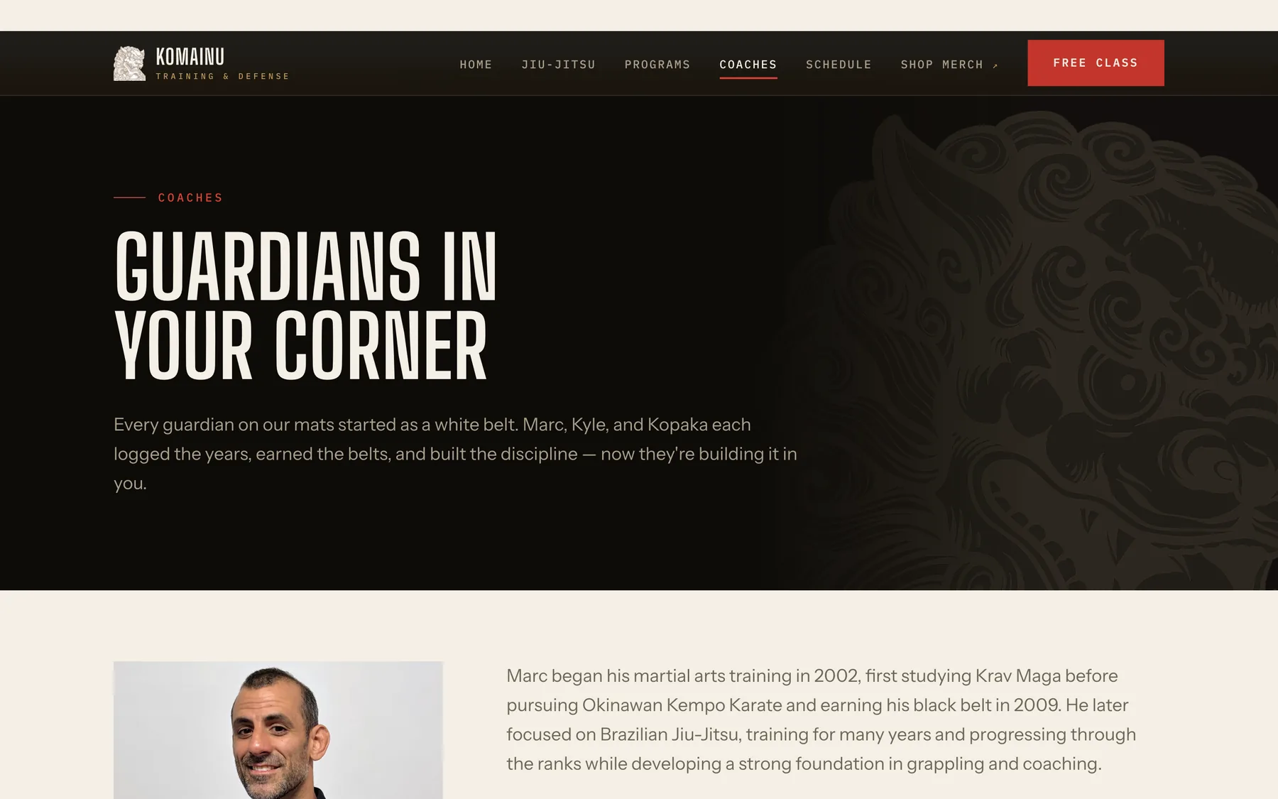 The Komainu Training & Defense coaches page — “Guardians in your corner” introduces coaches Marc, Kyle and Kopaka, then Marc’s photo and a bio tracing his martial arts training back to 2002.