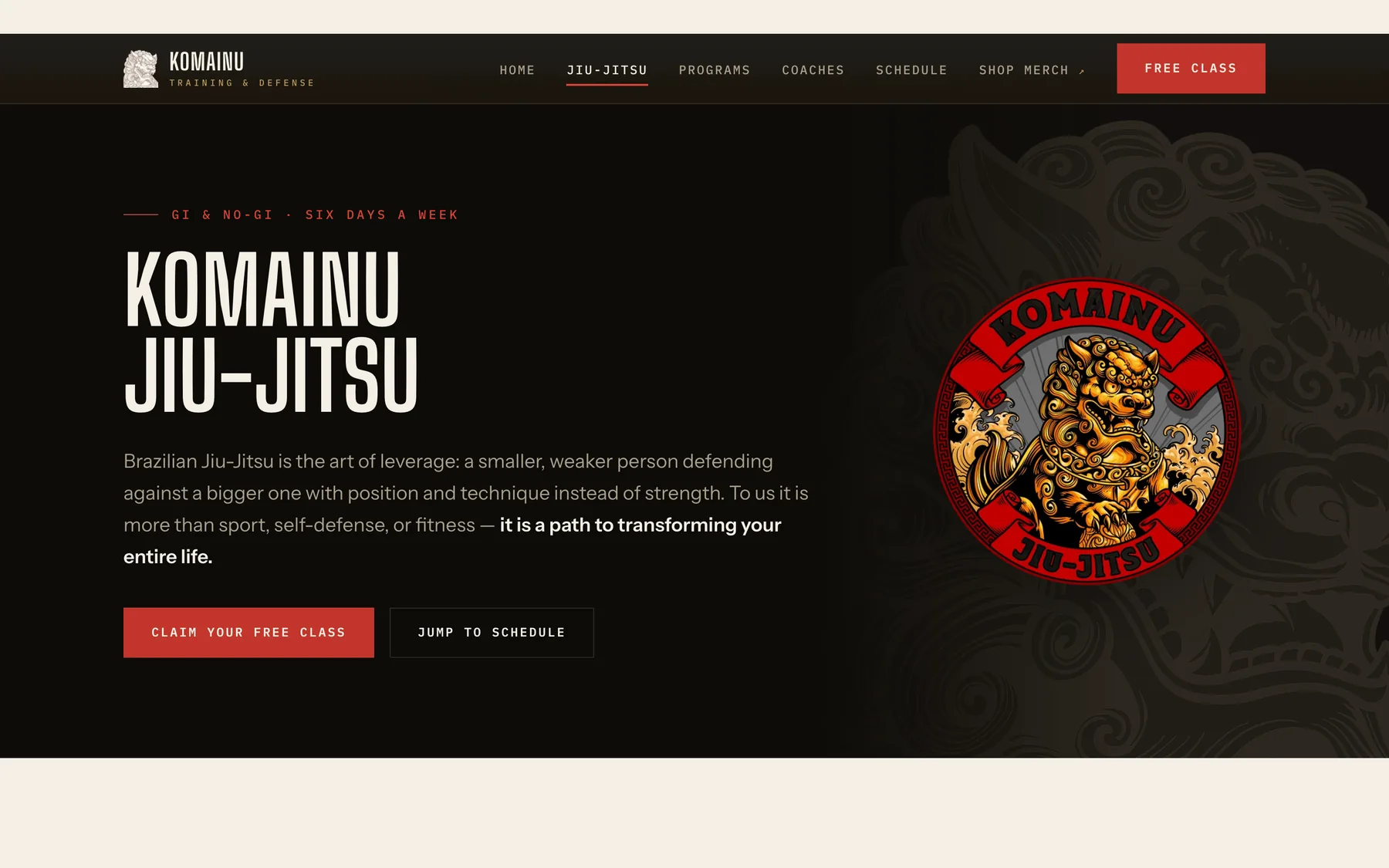 The Komainu Training & Defense jiu-jitsu page — “Komainu Jiu-Jitsu” for gi and no-gi six days a week, beside a red and gold guardian-lion badge, with Claim your free class and Jump to schedule buttons.