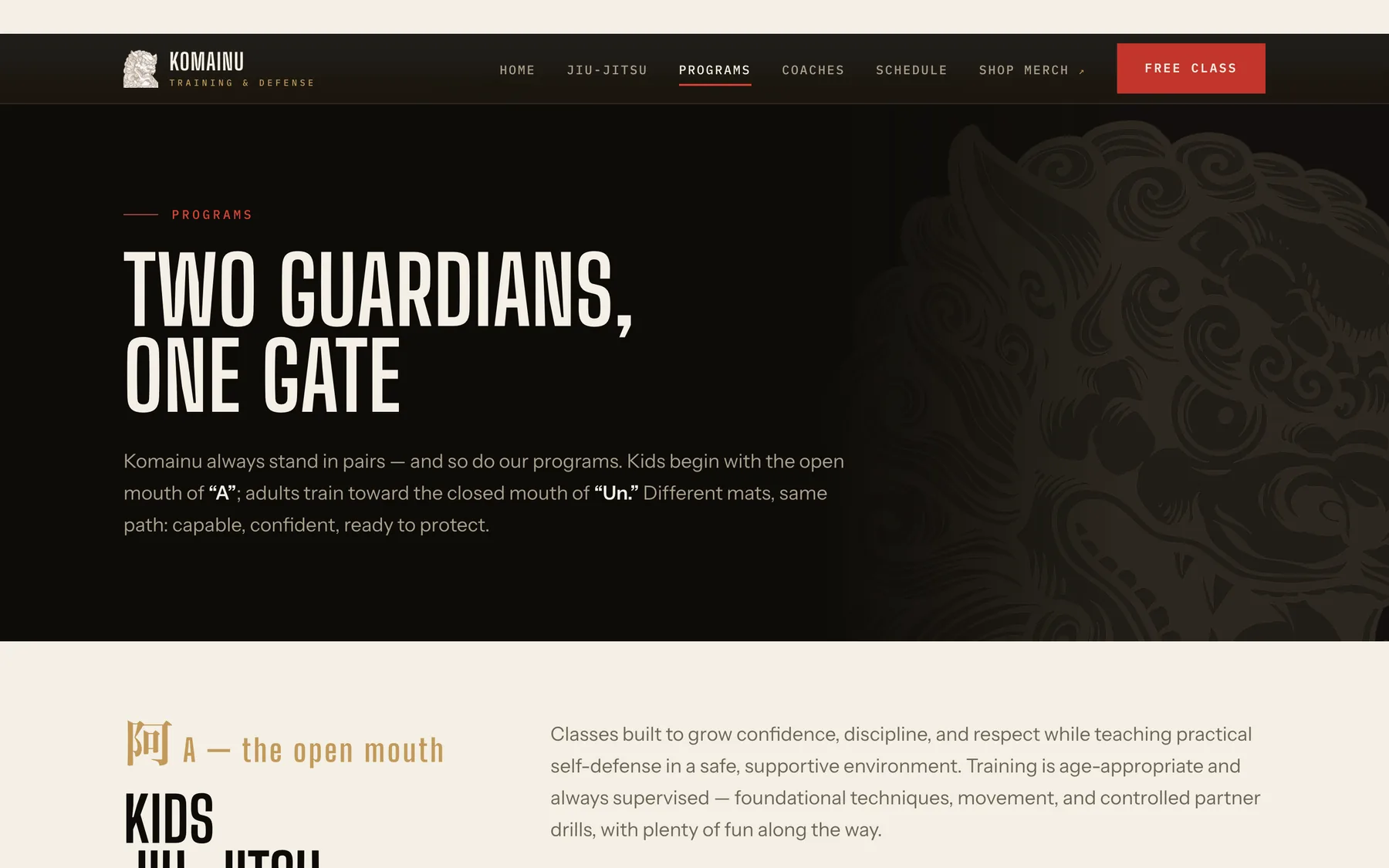 The Komainu Training & Defense programs page — “Two guardians, one gate” explains the paired kids and adult programs, opening on the Kids section, headed “A — the open mouth”.