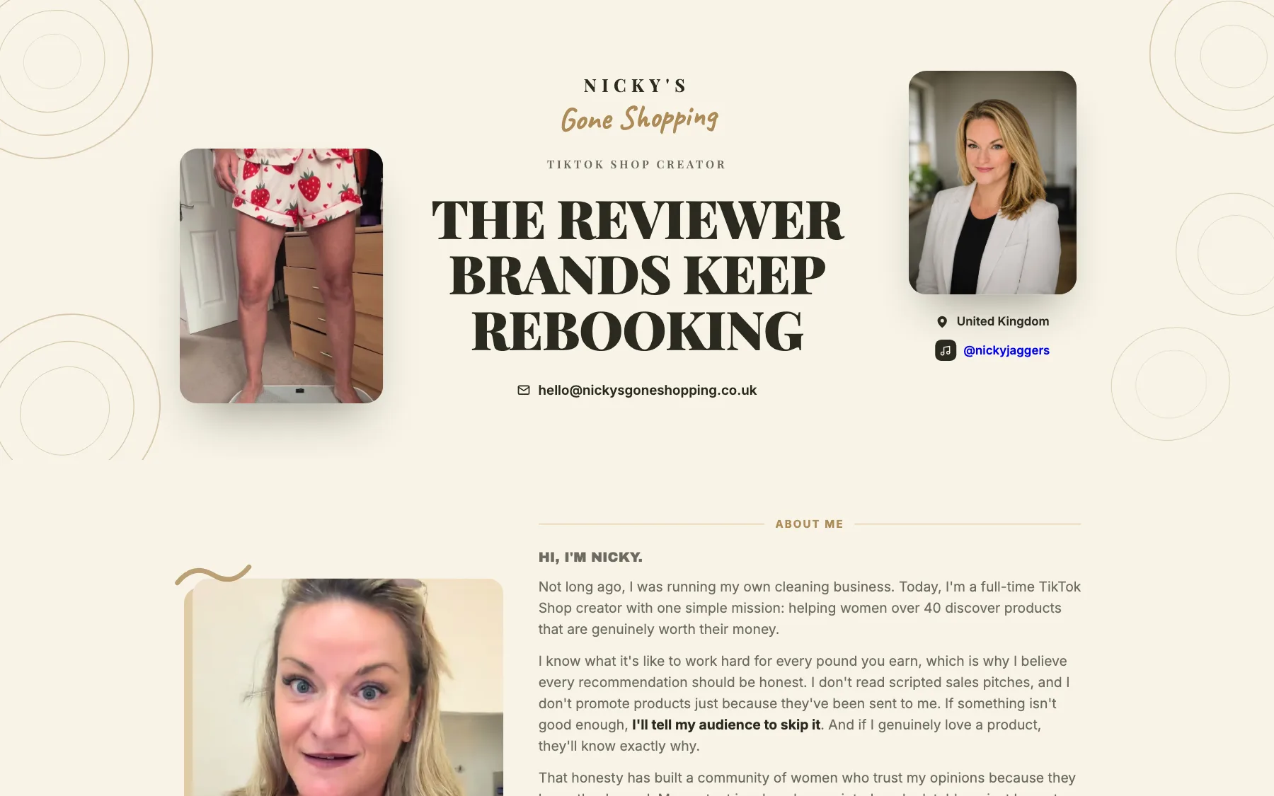 The Nicky's Gone Shopping media kit hero — “The reviewer brands keep rebooking” between a strawberry-print pyjama try-on shot and a headshot, with the contact email below.