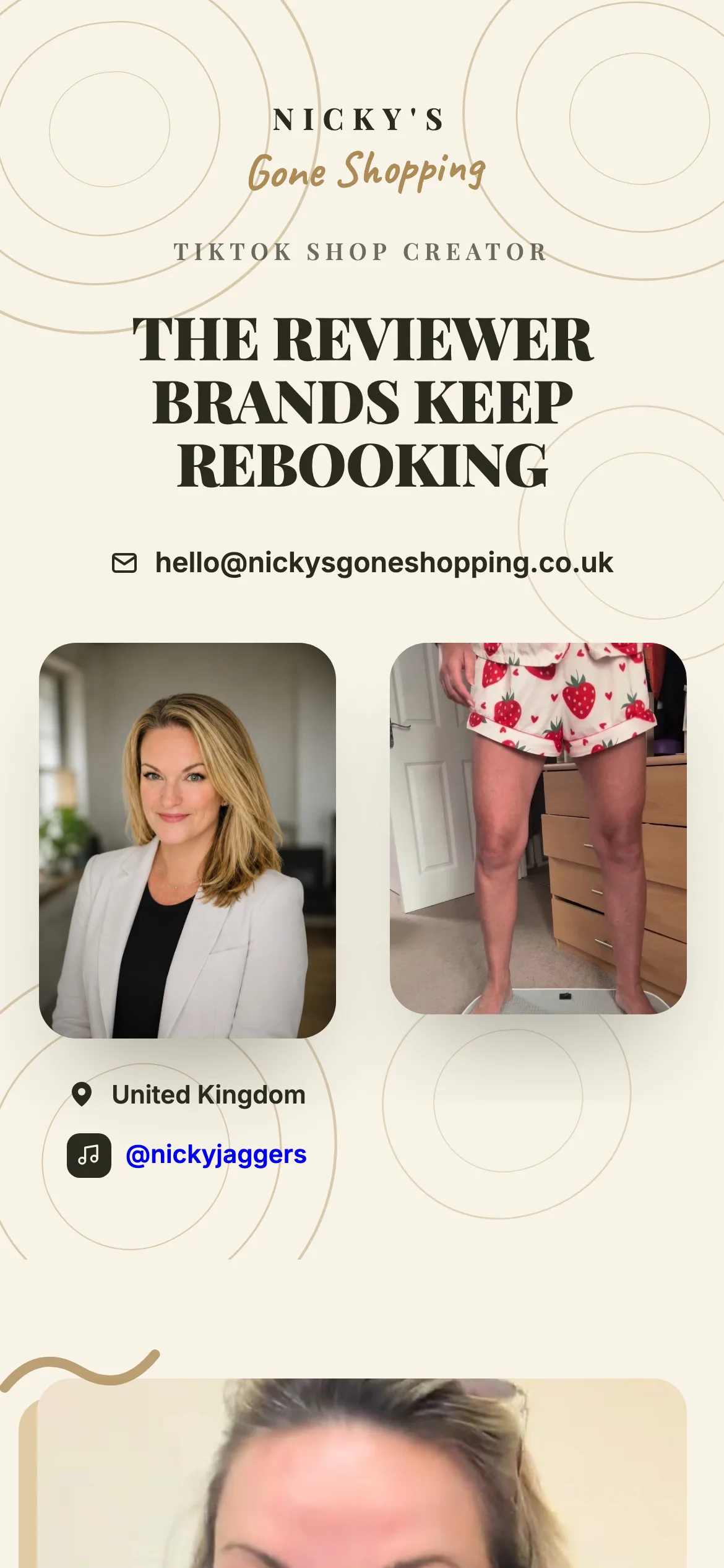 Nicky's Gone Shopping on a phone — “The reviewer brands keep rebooking” and a contact email above a headshot and a strawberry-print pyjama try-on shot, with her UK location and TikTok handle.