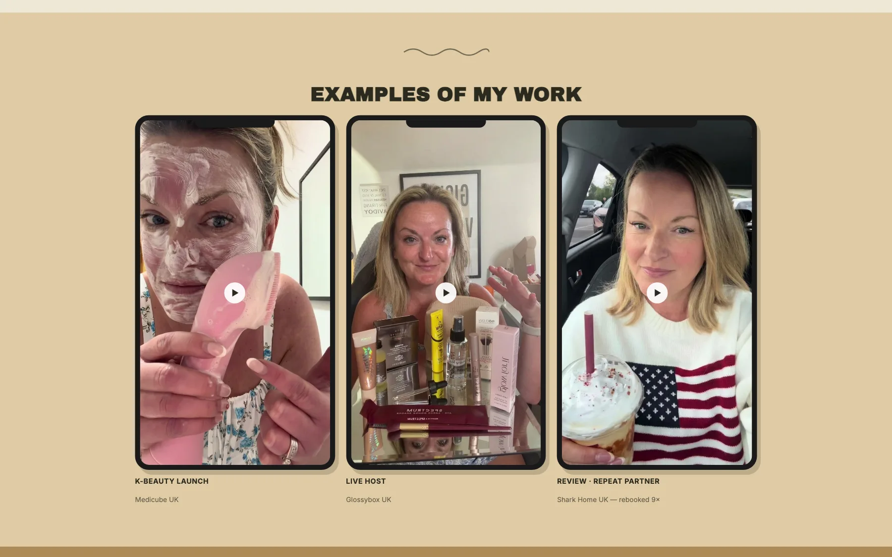 Examples of her work — three brand collaborations, each labelled with the partner and the format