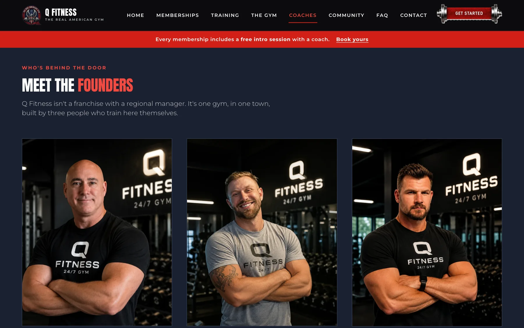 The Q Fitness coaches page — “Meet the founders” above portraits of the gym’s three founders, each standing arms crossed in a Q Fitness T-shirt beneath the gym’s lit sign.