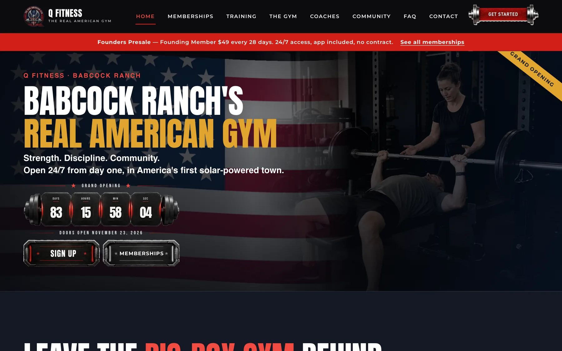 The Q Fitness home page — “Babcock Ranch’s real American gym” over an American flag and a coach spotting a bench press, with a grand-opening countdown to November 23, 2026 and a Sign up button.