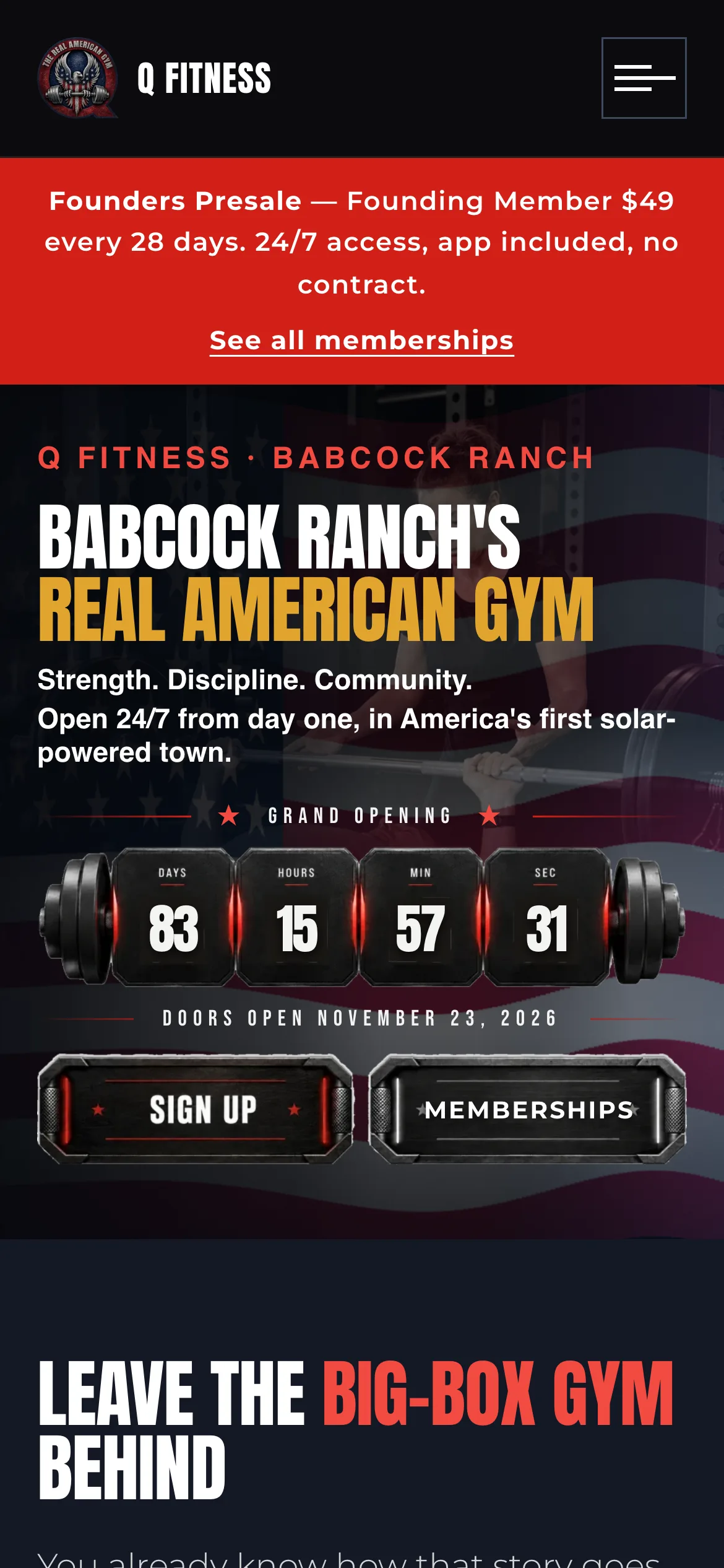 The Q Fitness home page on a phone — the red Founders Presale banner sits above “Babcock Ranch’s real American gym”, a grand-opening countdown and side-by-side Sign up and Memberships buttons.