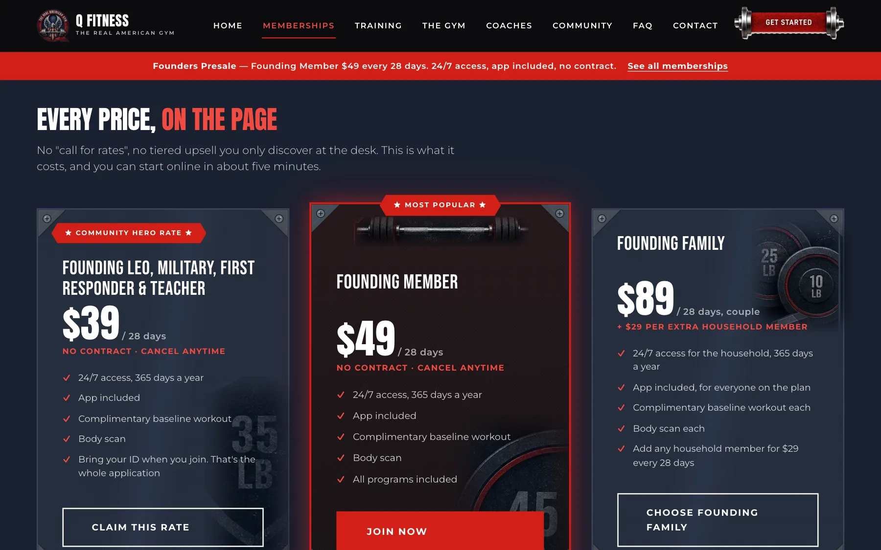 The Q Fitness memberships page — “Every price, on the page” above three founding-rate cards at $39, $49 and $89 every 28 days, with the $49 Founding Member plan marked Most popular.