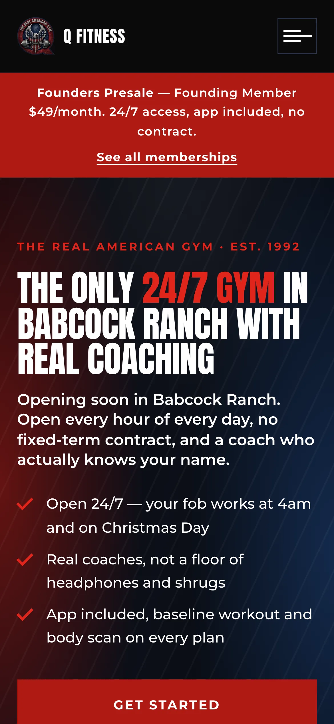 Q Fitness home page on mobile