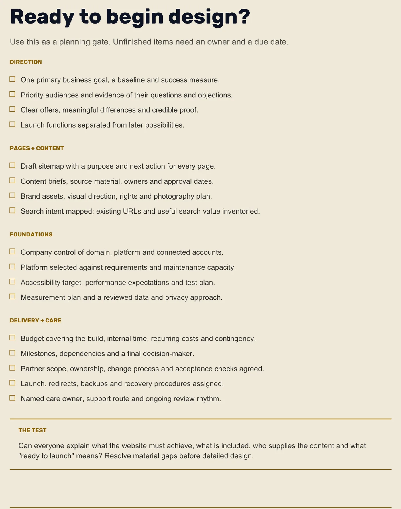 The printed planning gate: checklists for direction, pages and content, foundations, and delivery and care.