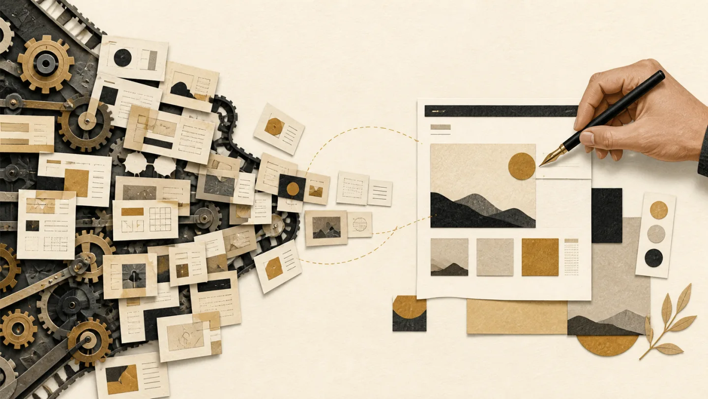 Editorial collage showing many machine-generated options being refined by human judgment into one intentional website