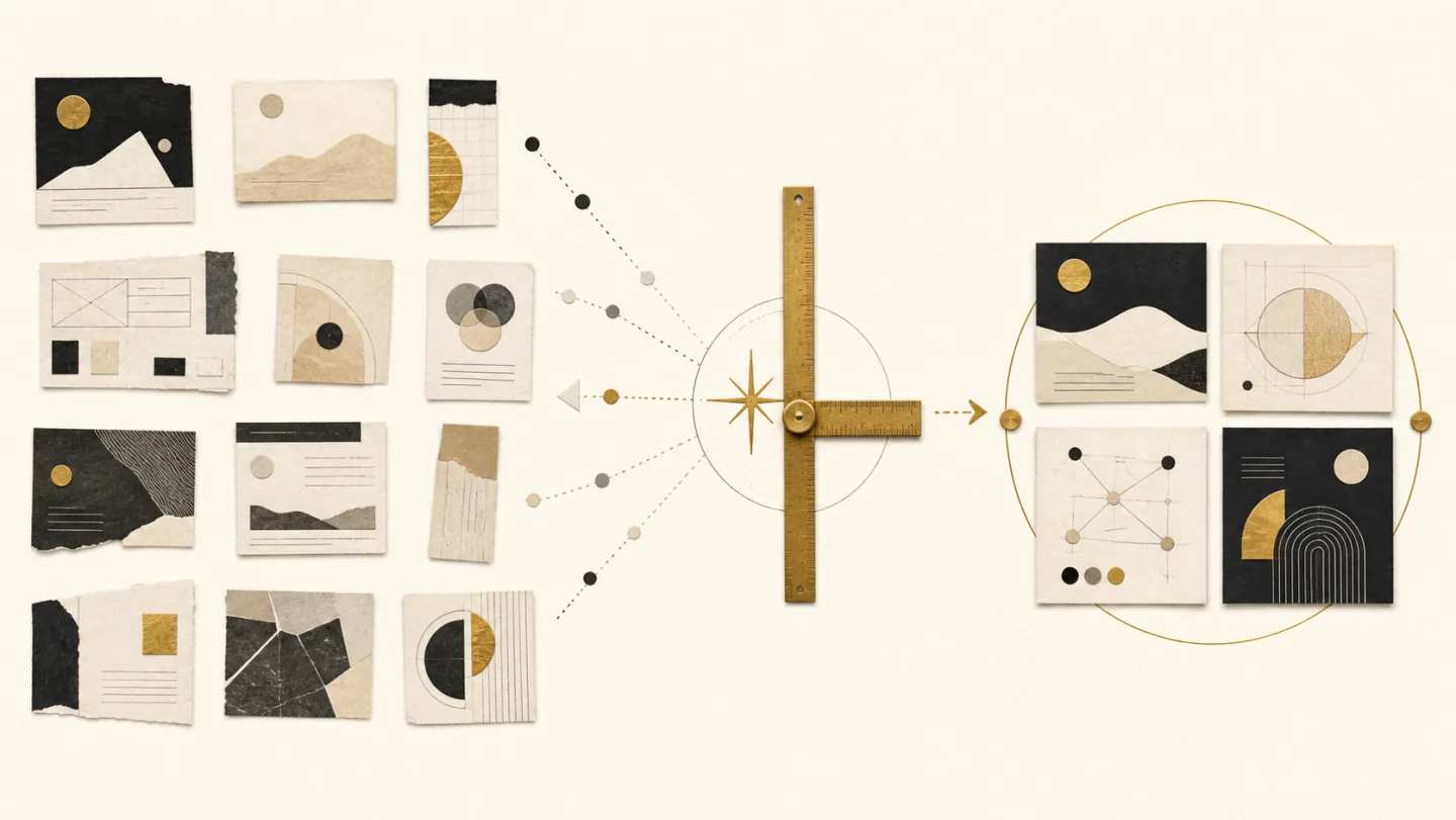Editorial collage showing varied design options being measured and aligned into one well-matched website partnership