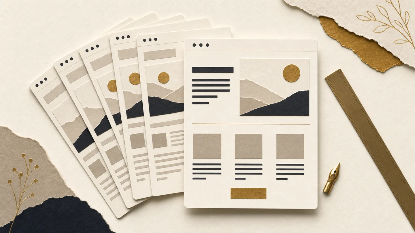 Editorial illustration of several similar website layouts behind one carefully organized business website.