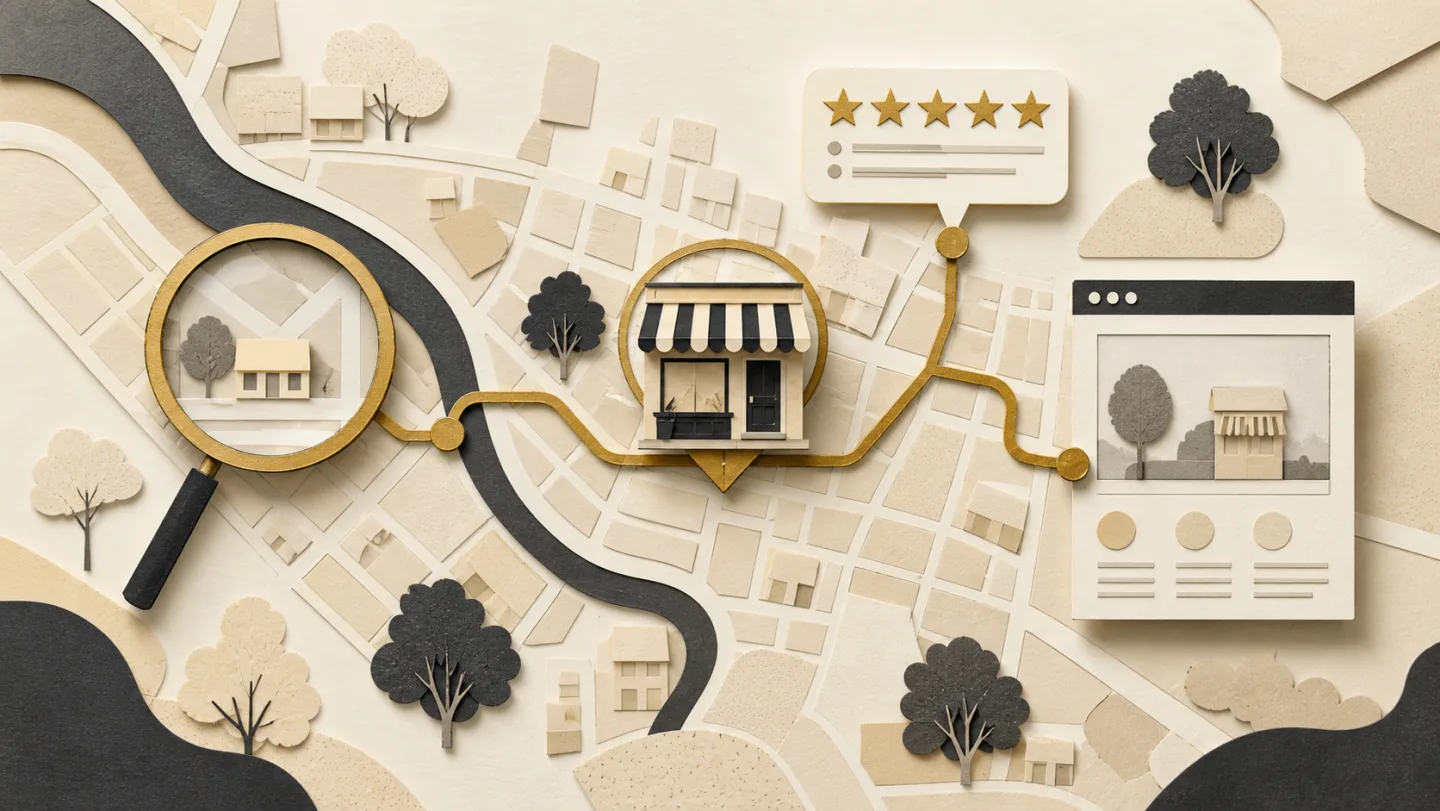 Editorial paper collage of a neighborhood map connecting local search, a storefront, reviews, and a business website