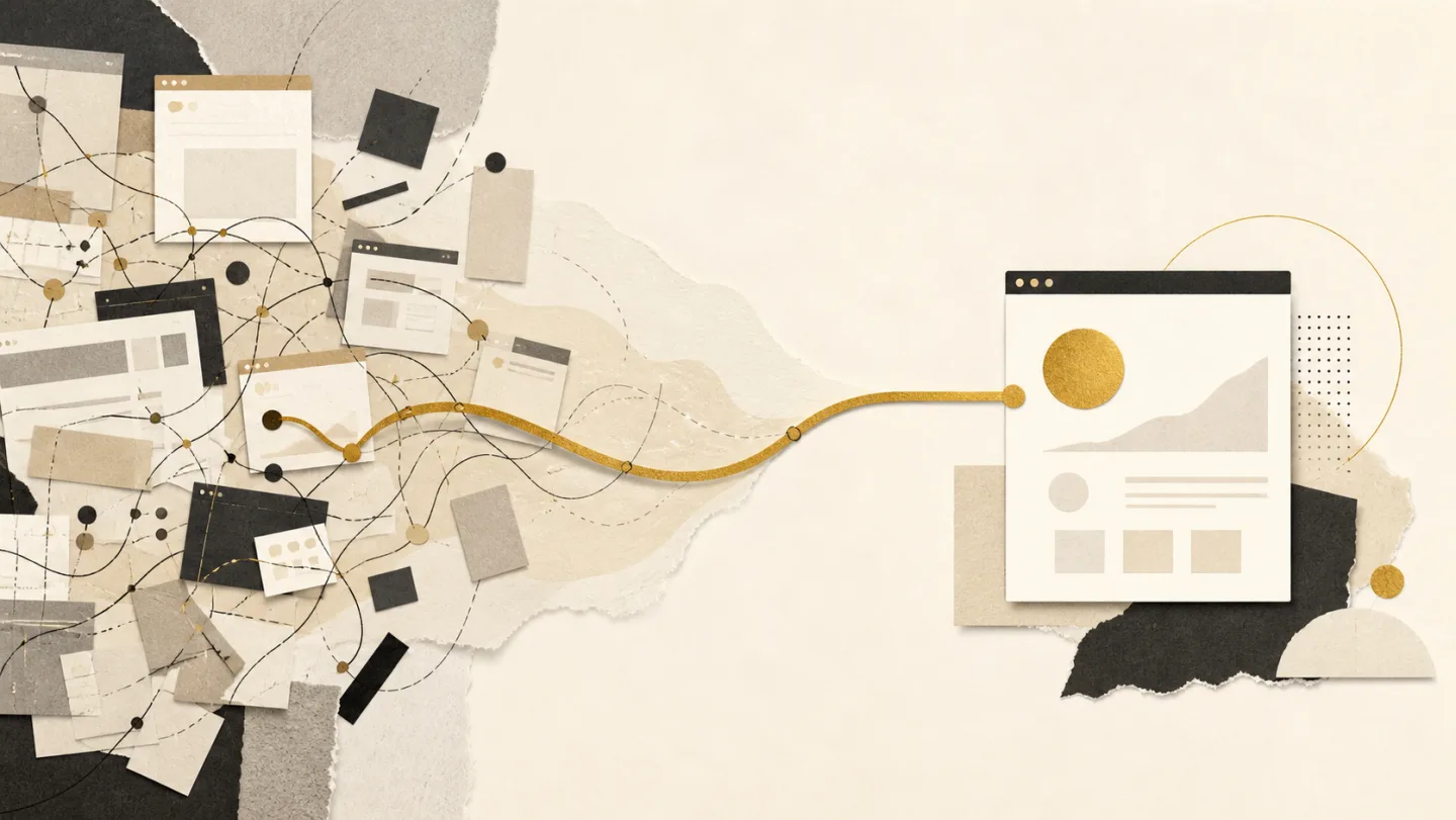 Abstract collage showing tangled website possibilities resolving into one clear, considered route