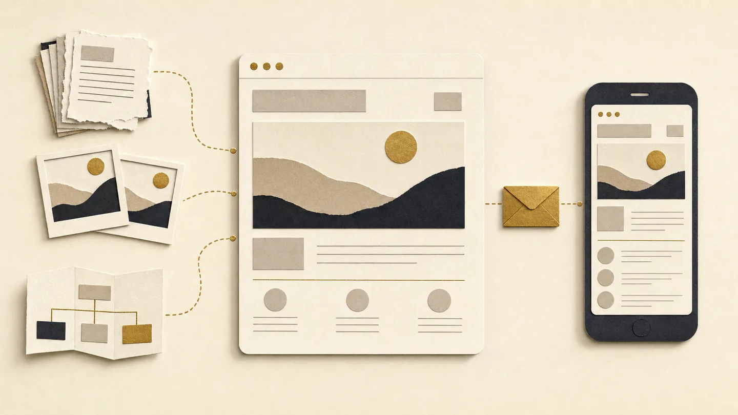 Editorial illustration of business content organized into a website that works on desktop and mobile.