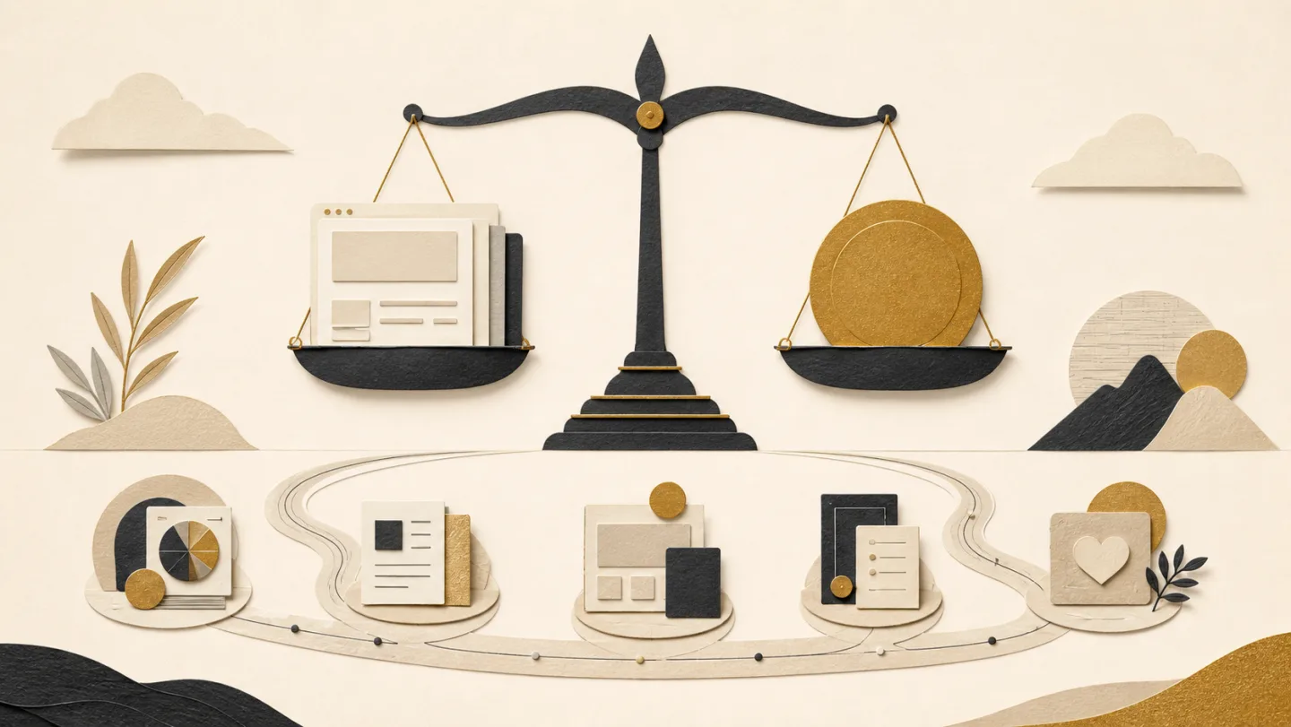 Editorial collage balancing website scope, professional work, and long-term value