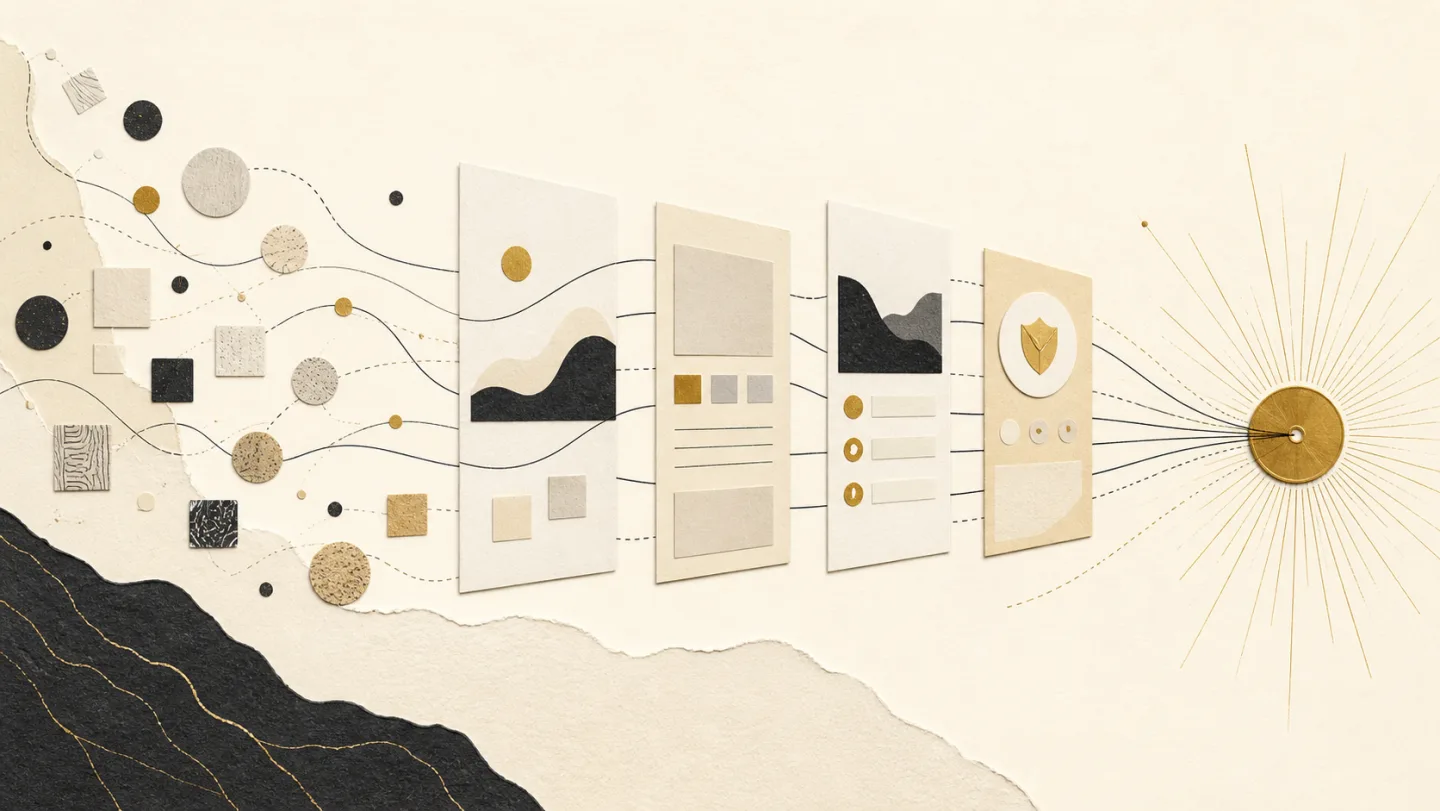 Editorial collage showing local discovery paths moving through useful website pages toward a qualified customer connection