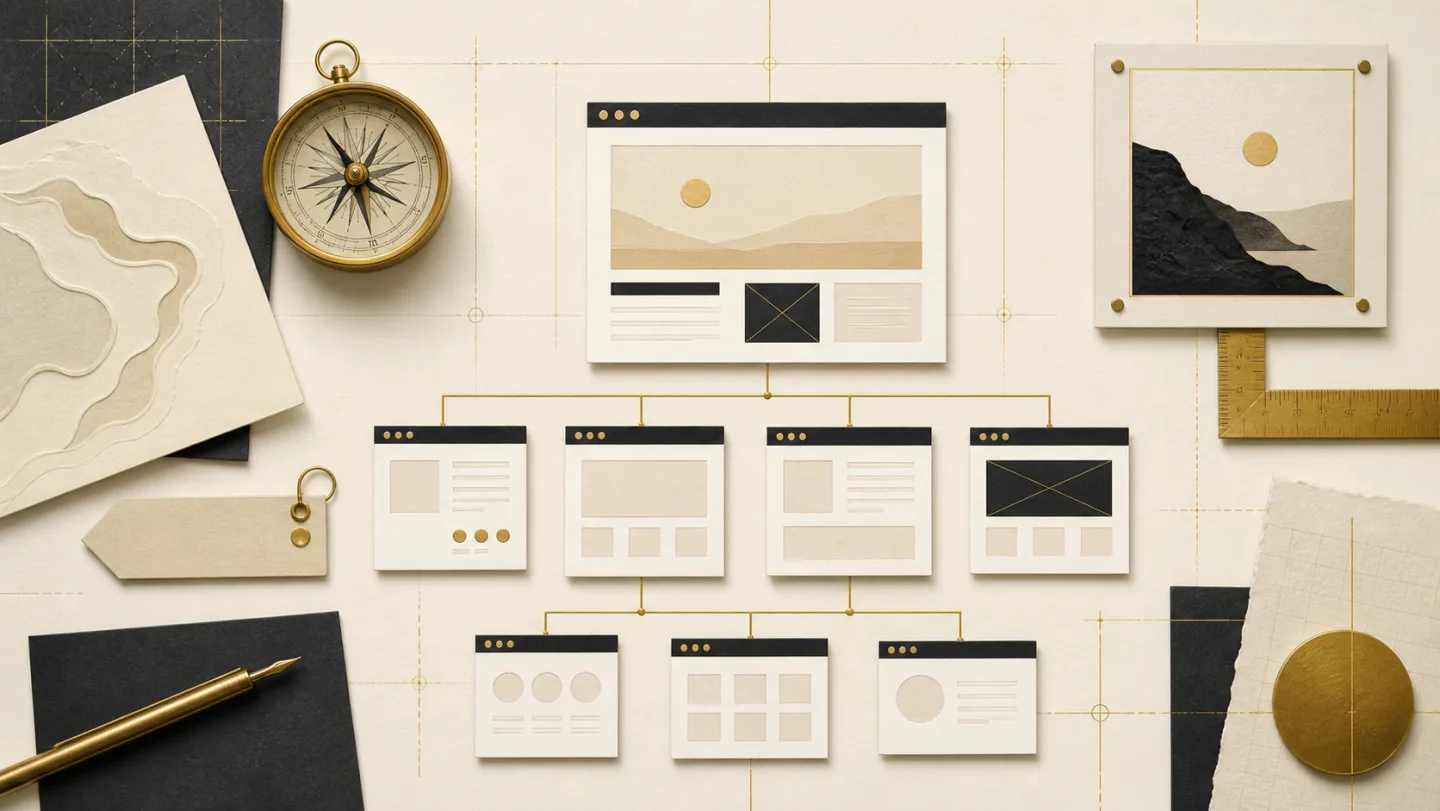 Top-down editorial collage of a website blueprint, sitemap, compass, and measured planning tools