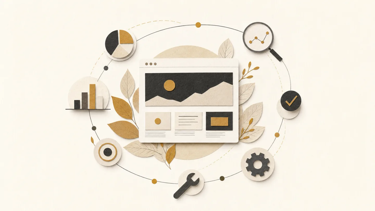 Editorial collage showing a launched website surrounded by analytics, testing, maintenance, and growth
