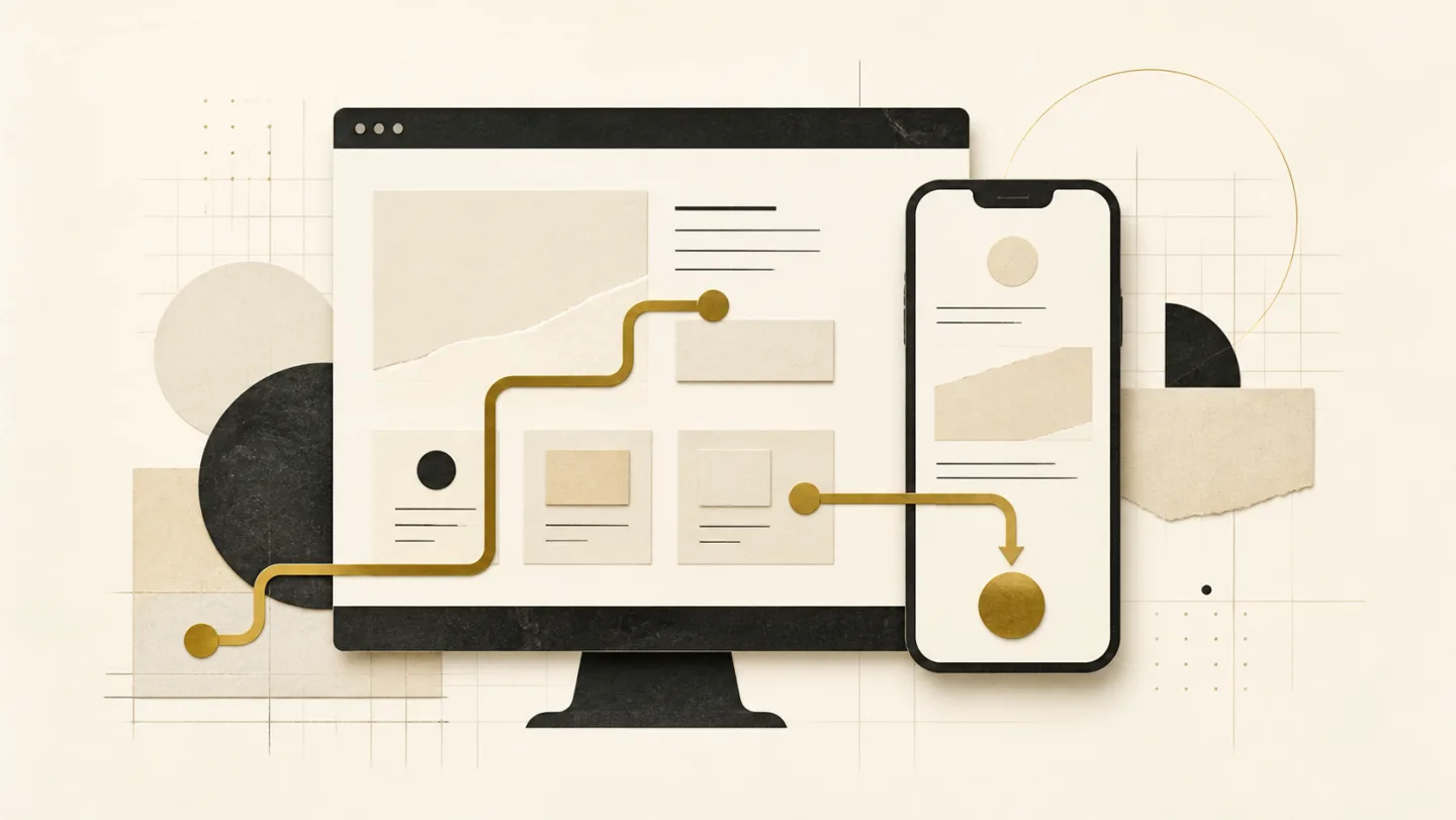 Editorial illustration of a clear path moving from a desktop website to a mobile action